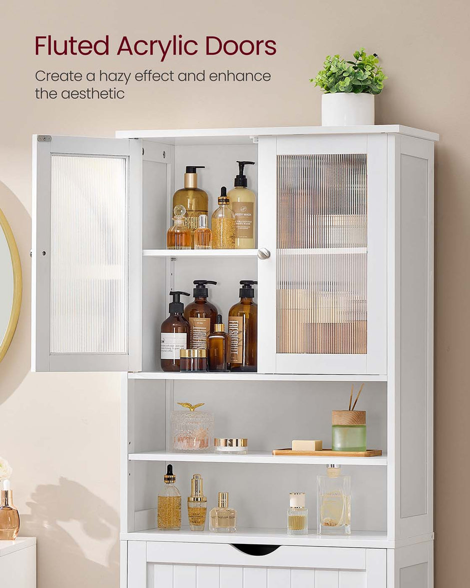 Freestanding Storage Cabinet – Engineered Wood – Cloud White – Adjustable Shelves and Drawer