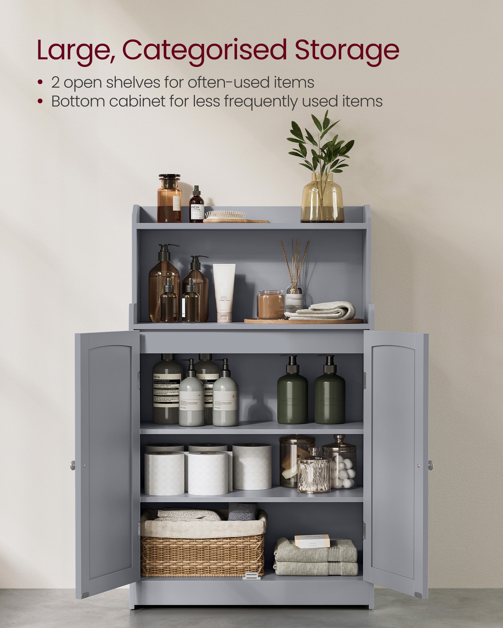 Bathroom Cabinet – Engineered Wood – Dove Grey – 2 Doors, 2 Adjustable Shelves
