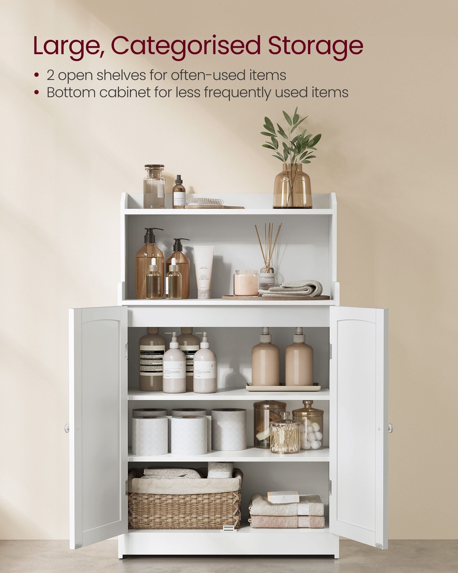 Bathroom Cabinet – Wood – Cloud White – 2-Door Design with Adjustable Shelves