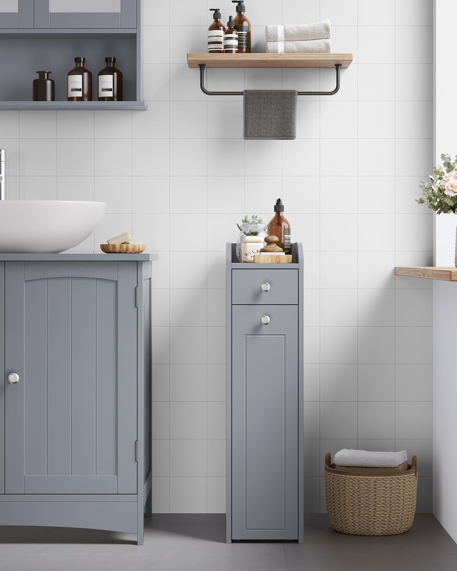Freestanding Bathroom Cabinet – Wood – White – Slim Design with Slide Out Drawers