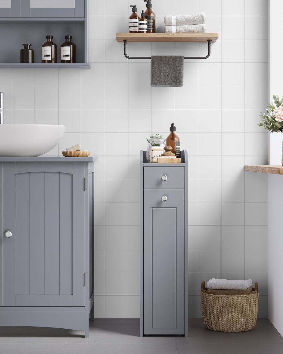 Freestanding Bathroom Cabinet – Wood – White – Slim Design with Slide Out Drawers