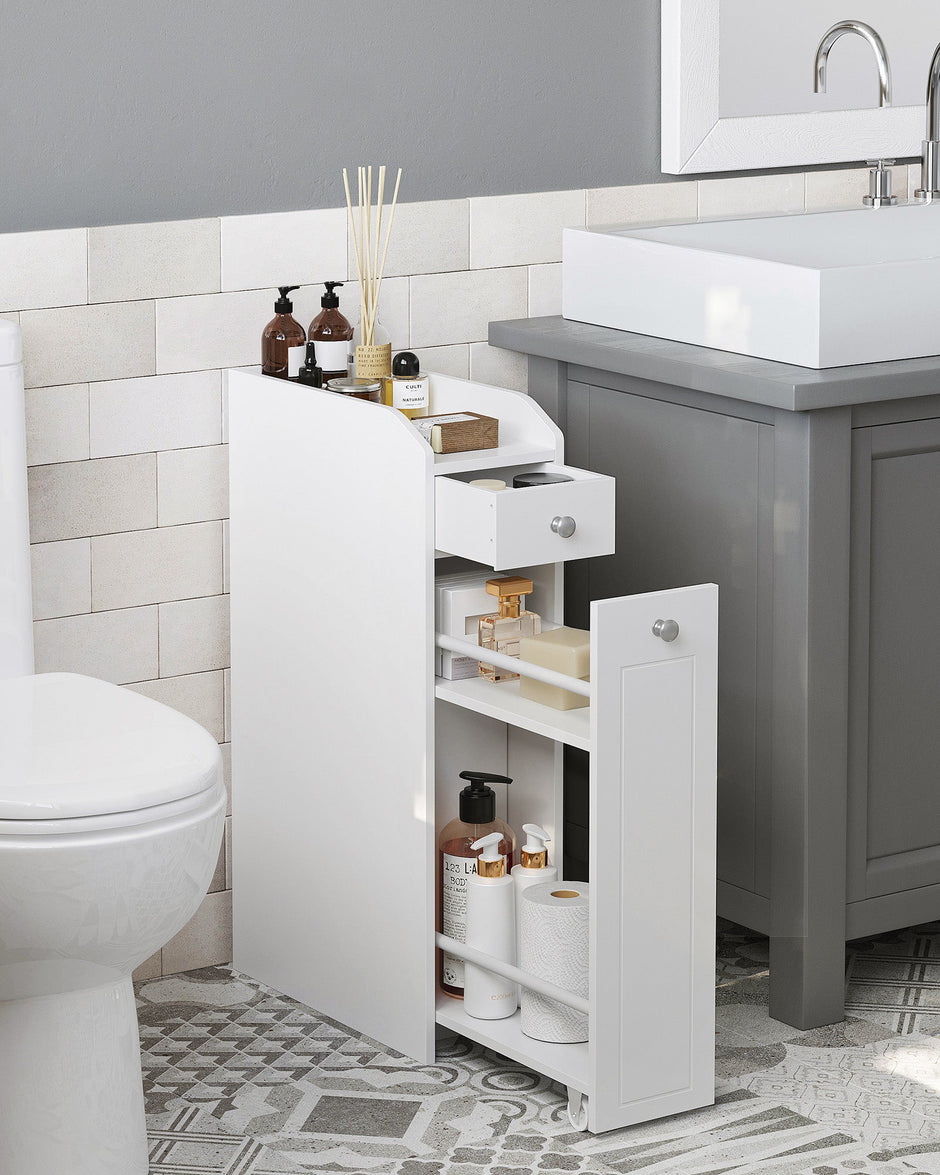 Slim Bathroom Storage Unit – Wood – White – Freestanding with Slide-Out Drawers for Small Spaces