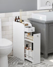 Slim Bathroom Storage Unit – Wood – White – Freestanding with Slide-Out Drawers for Small Spaces