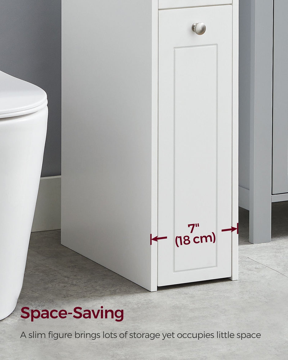 Slim Bathroom Storage Unit – Wood – White – Freestanding with Slide-Out Drawers for Small Spaces