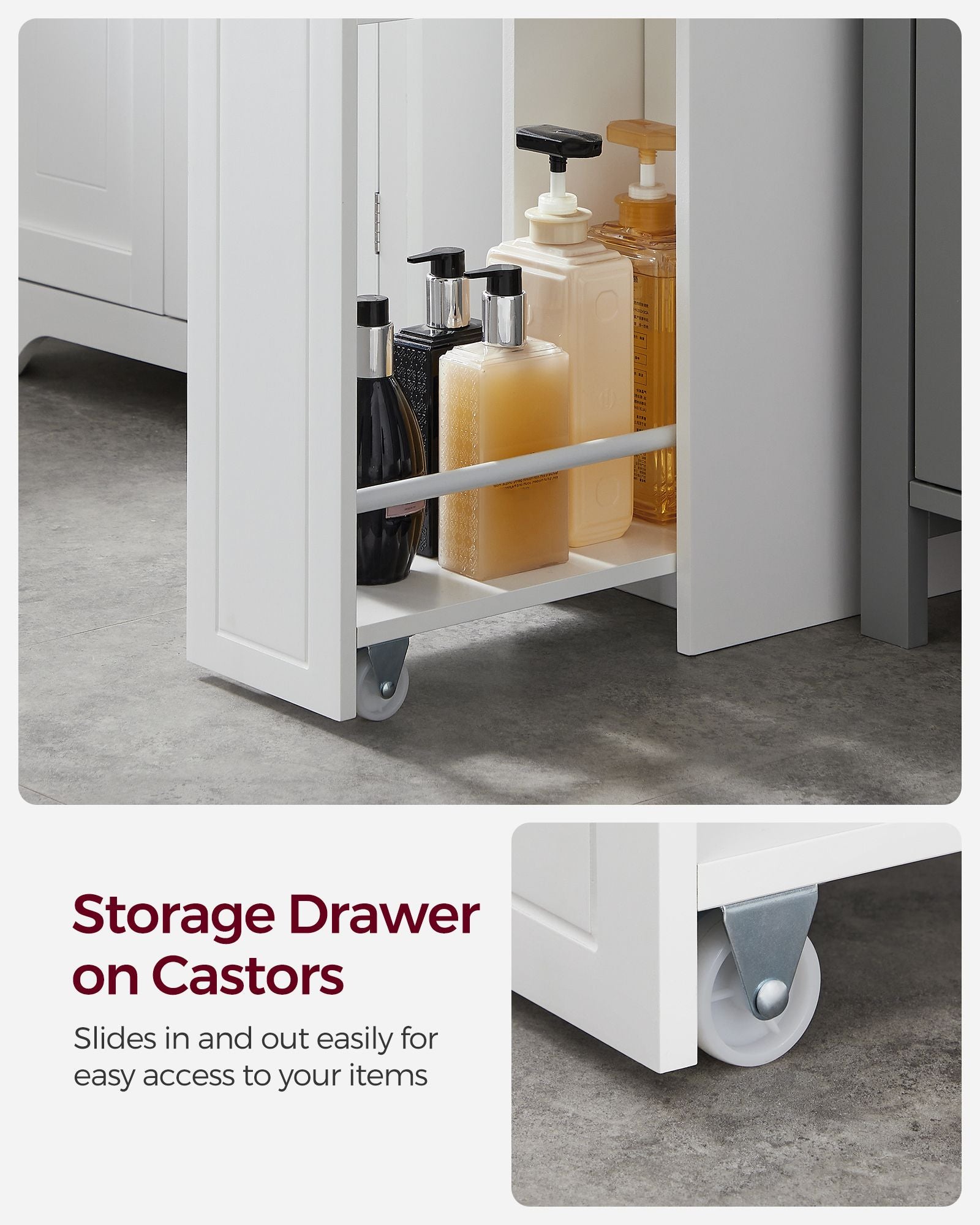 Slim Bathroom Storage Unit – Wood – White – Freestanding with Slide-Out Drawers for Small Spaces