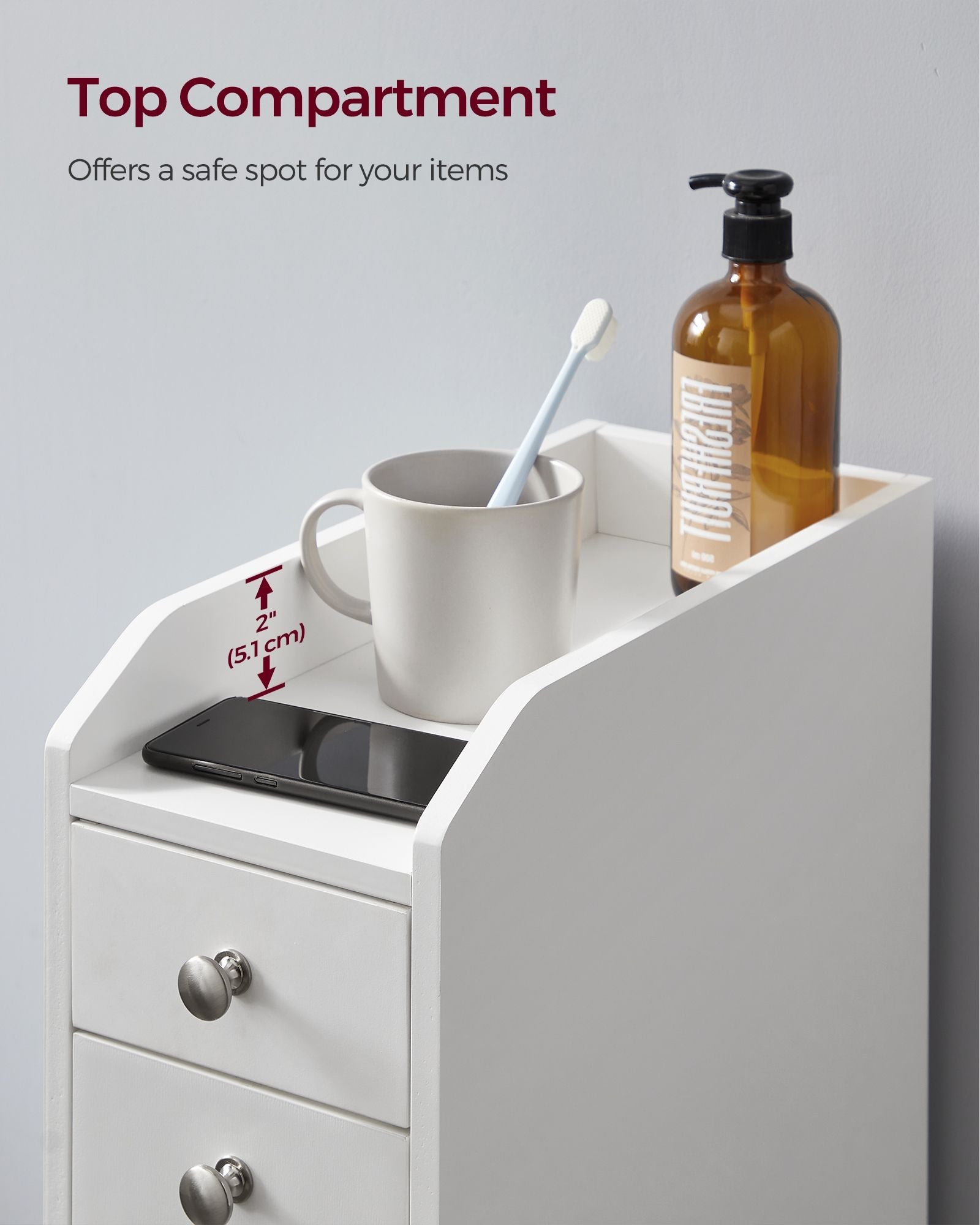 Slim Bathroom Storage Unit – Wood – White – Freestanding with Slide-Out Drawers for Small Spaces