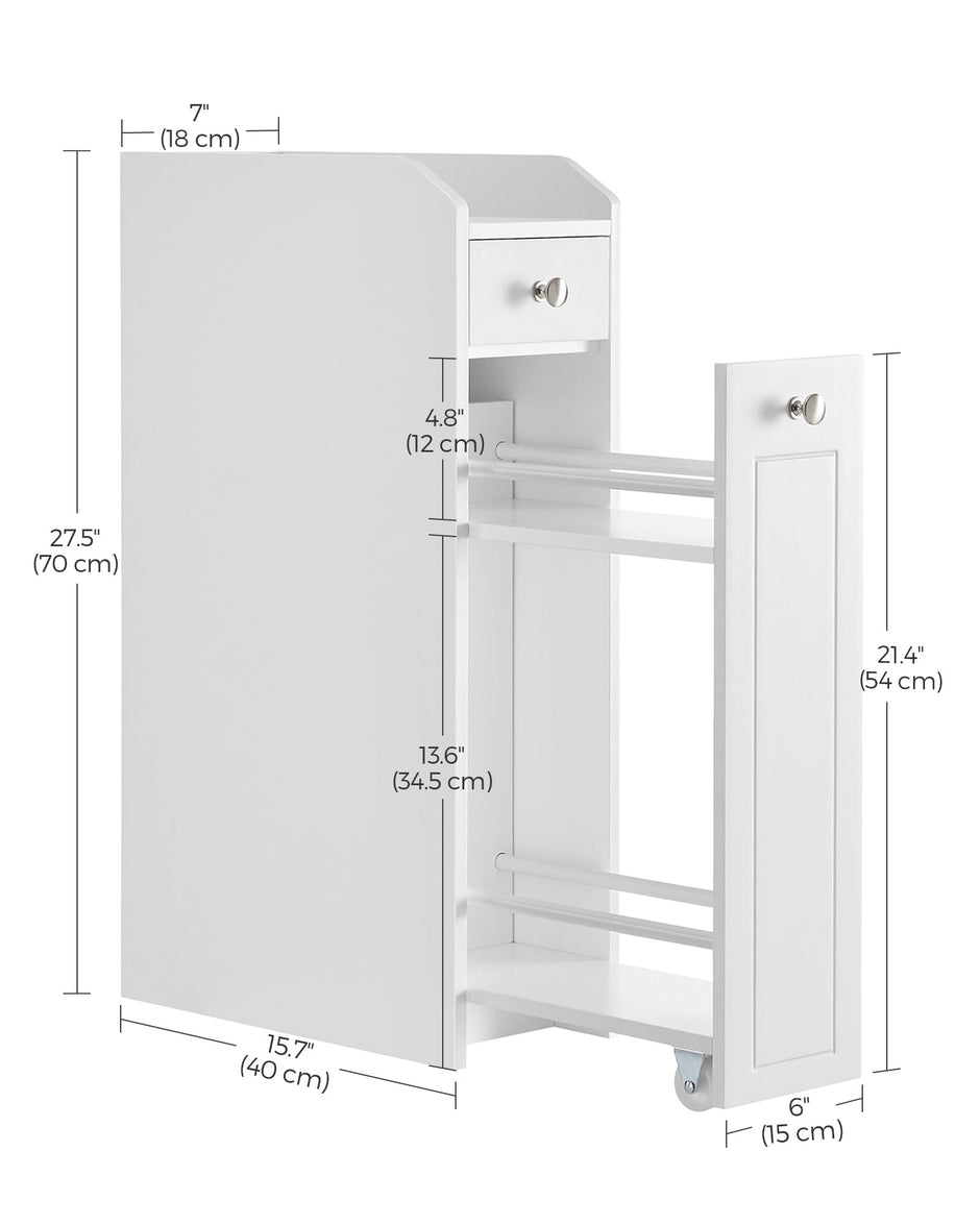 Slim Bathroom Storage Unit – Wood – White – Freestanding with Slide-Out Drawers for Small Spaces