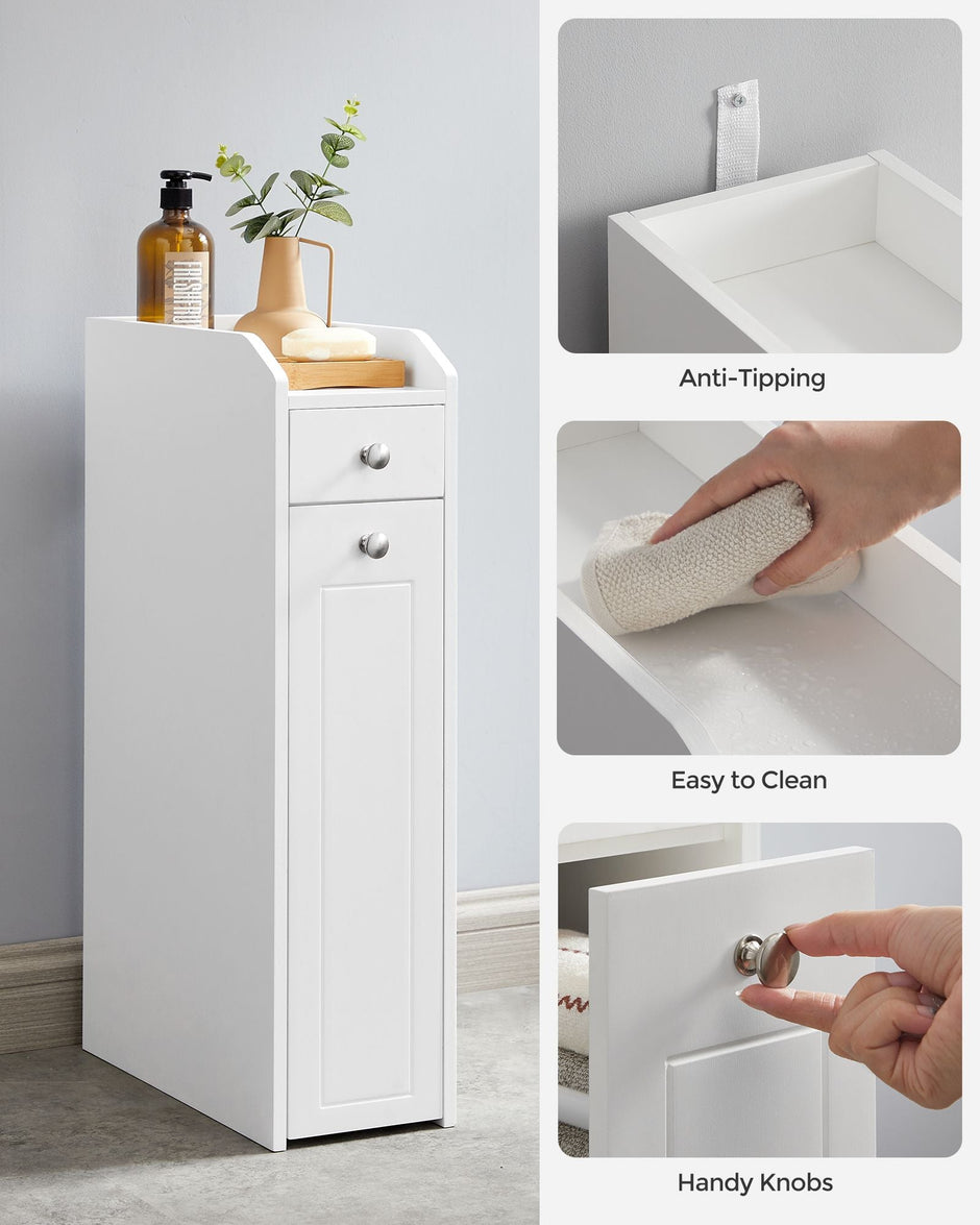 Slim Bathroom Storage Unit – Wood – White – Freestanding with Slide-Out Drawers for Small Spaces