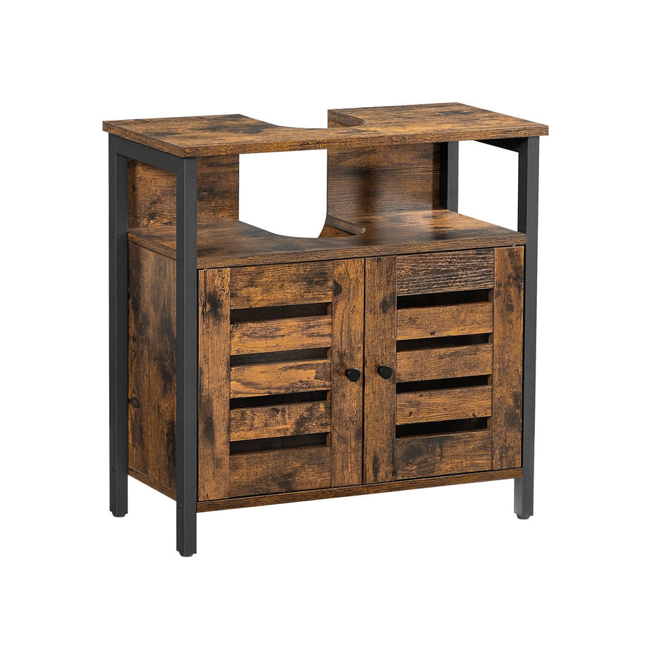 Under Sink Cabinet – Steel – Rustic Brown and Black – Louvered Doors and Adjustable Shelf