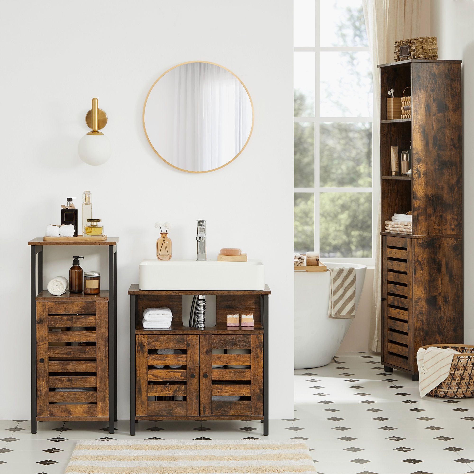 Under Sink Cabinet – Steel – Rustic Brown and Black – Louvered Doors and Adjustable Shelf
