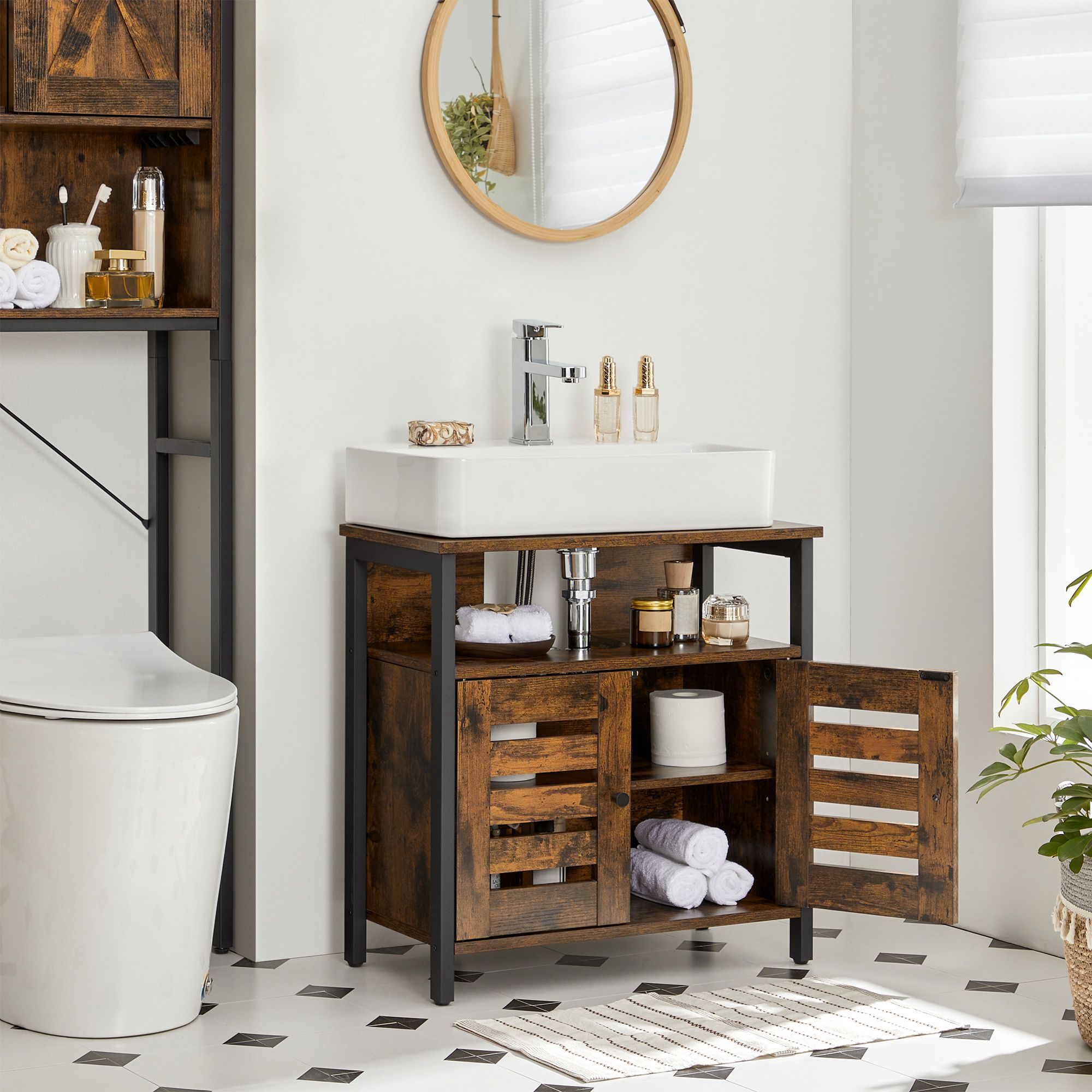 Under Sink Cabinet – Steel – Rustic Brown and Black – Louvered Doors and Adjustable Shelf