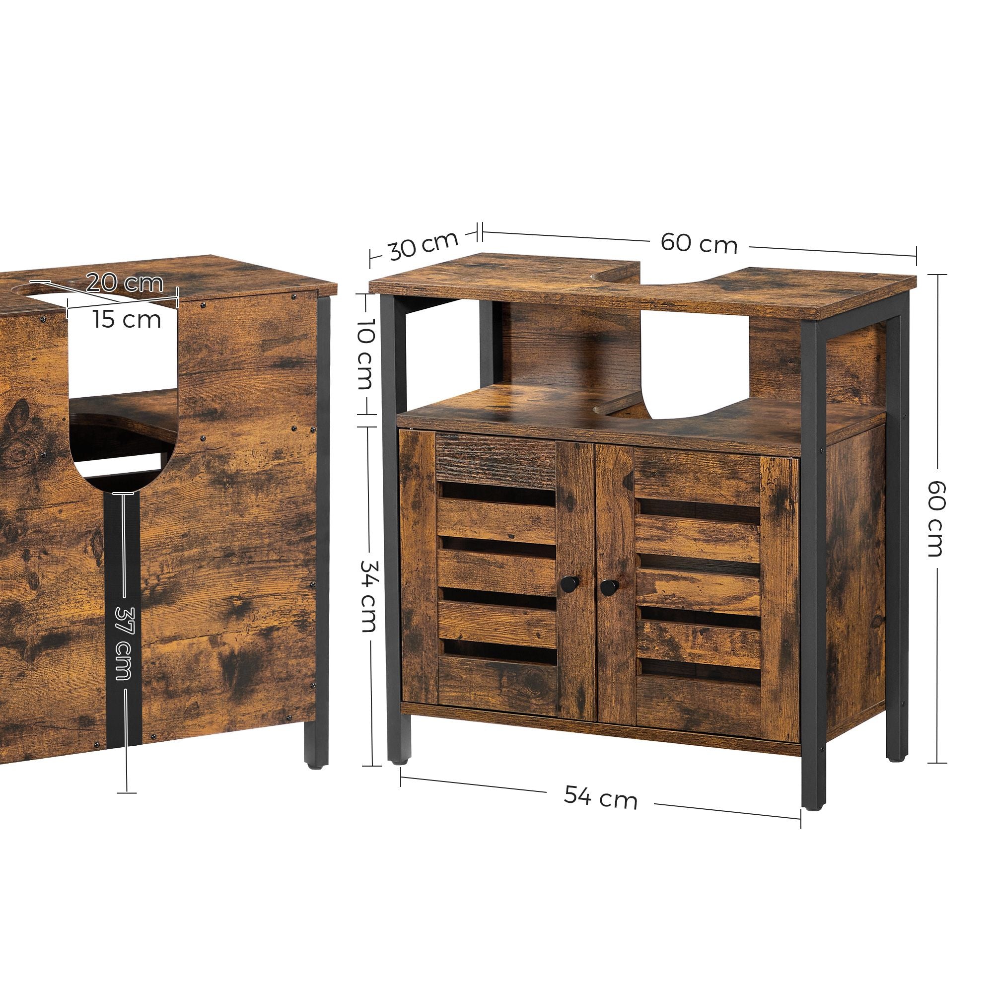 Under Sink Cabinet – Steel – Rustic Brown and Black – Louvered Doors and Adjustable Shelf