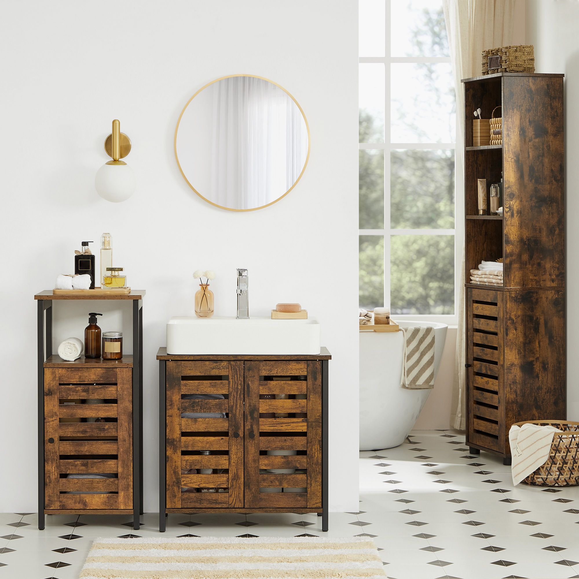 Under Sink Cabinet – Steel Frame – Rustic Brown and Black – Adjustable Shelf with Louvered Doors