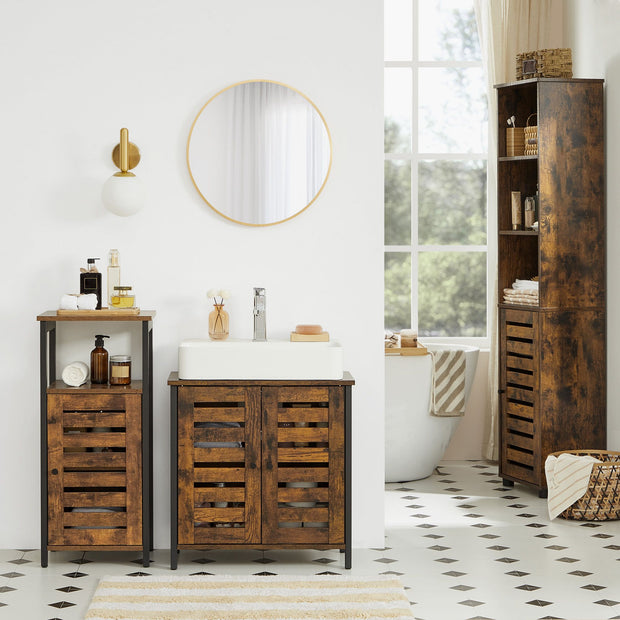 Under Sink Cabinet – Steel Frame – Rustic Brown and Black – Adjustable Shelf with Louvered Doors
