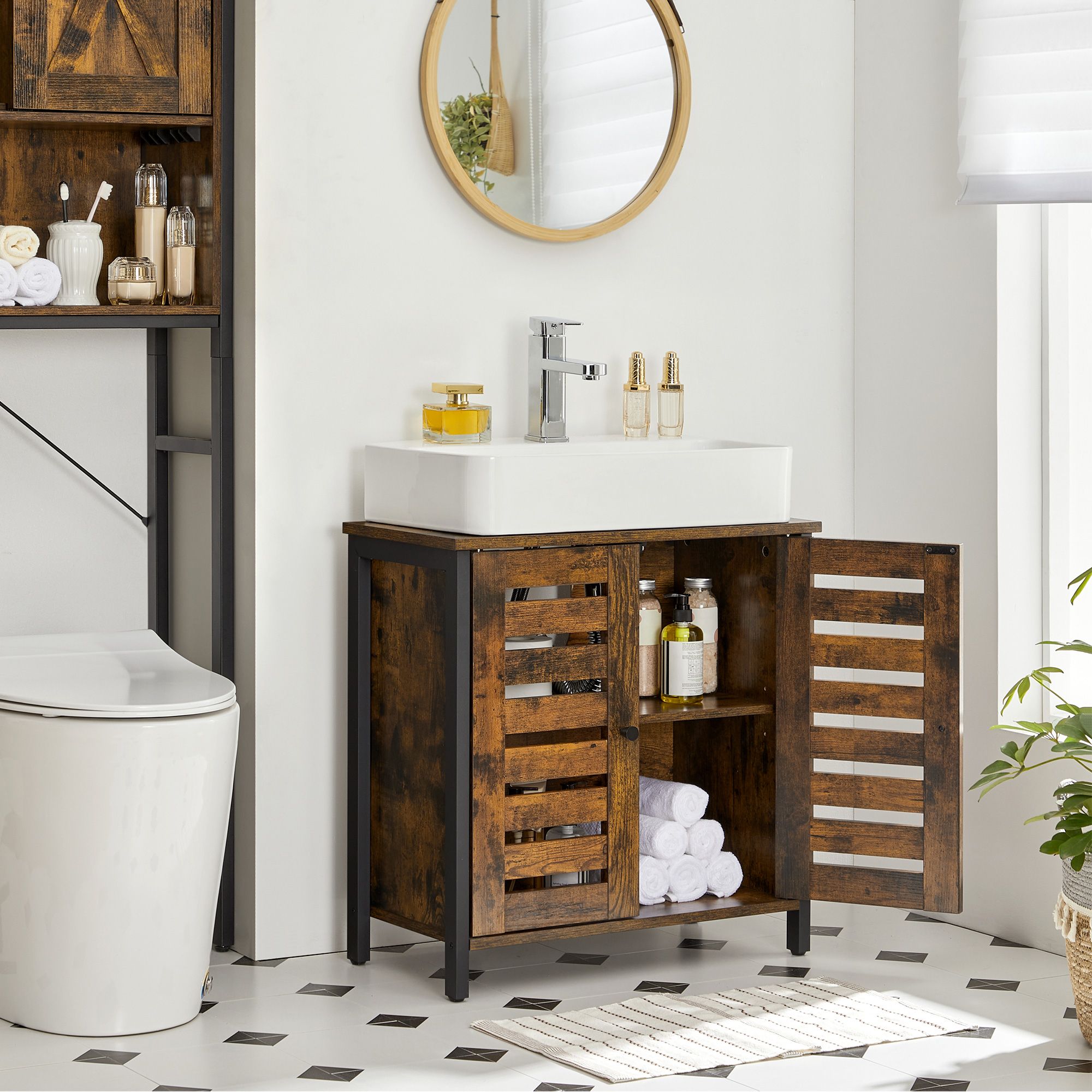 Under Sink Cabinet – Steel Frame – Rustic Brown and Black – Adjustable Shelf with Louvered Doors
