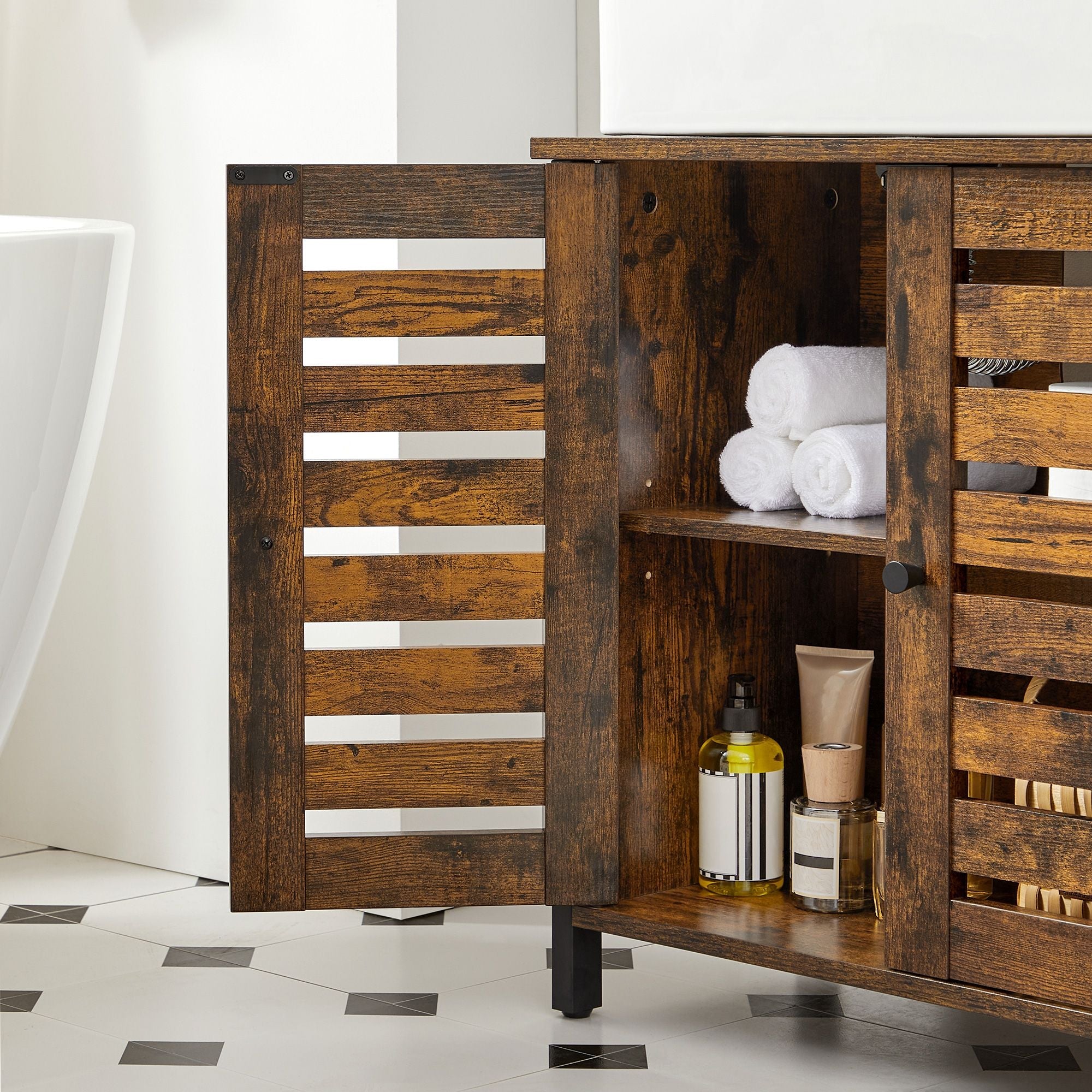 Under Sink Cabinet – Steel Frame – Rustic Brown and Black – Adjustable Shelf with Louvered Doors
