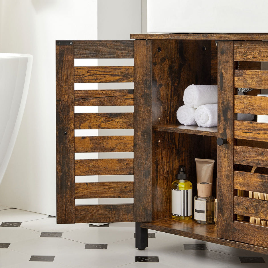 Under Sink Cabinet – Steel Frame – Rustic Brown and Black – Adjustable Shelf with Louvered Doors