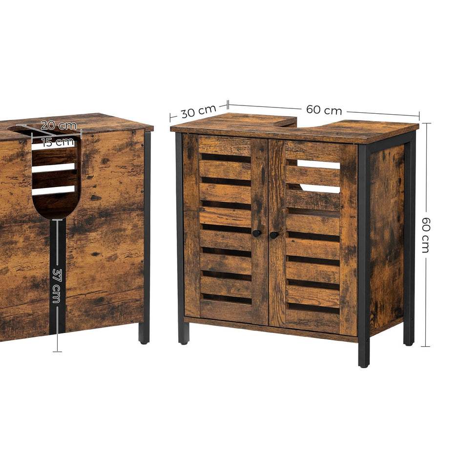 Under Sink Cabinet – Steel Frame – Rustic Brown and Black – Adjustable Shelf with Louvered Doors