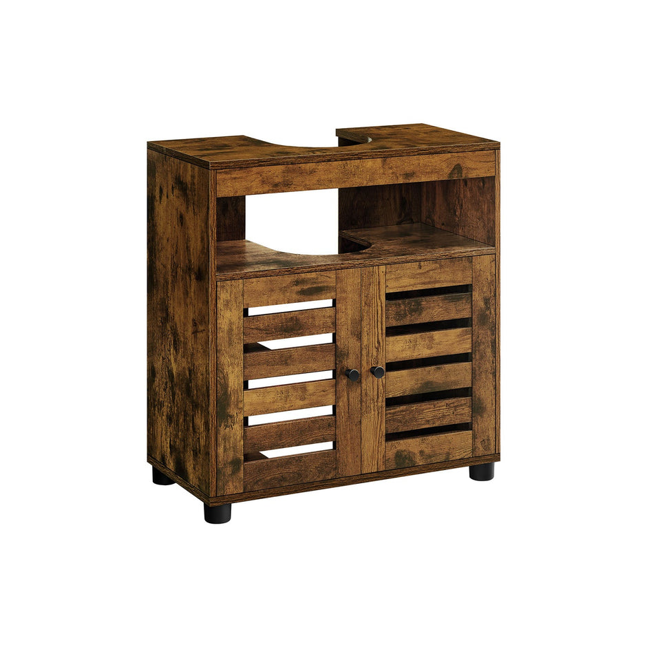Bathroom Vanity Unit – Engineered Wood – Rustic Brown – Adjustable Shelf with Louvered Doors
