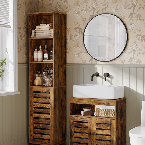 Bathroom Vanity Unit – Engineered Wood – Rustic Brown – Adjustable Shelf with Louvered Doors
