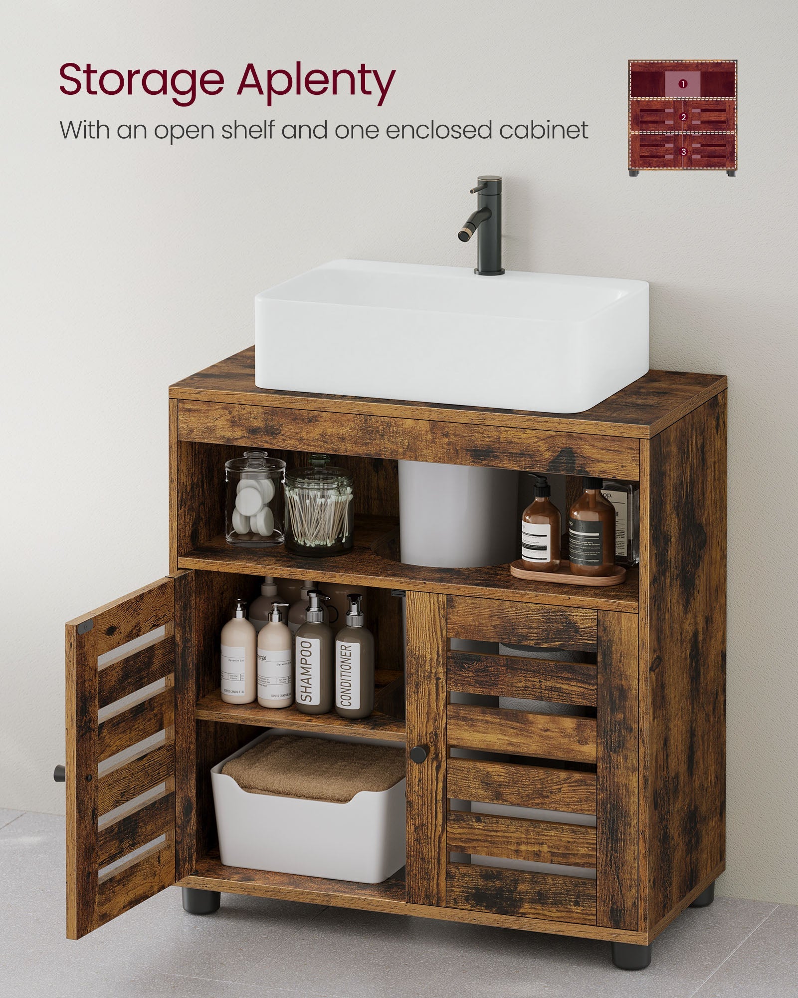 Bathroom Vanity Unit – Engineered Wood – Rustic Brown – Adjustable Shelf with Louvered Doors
