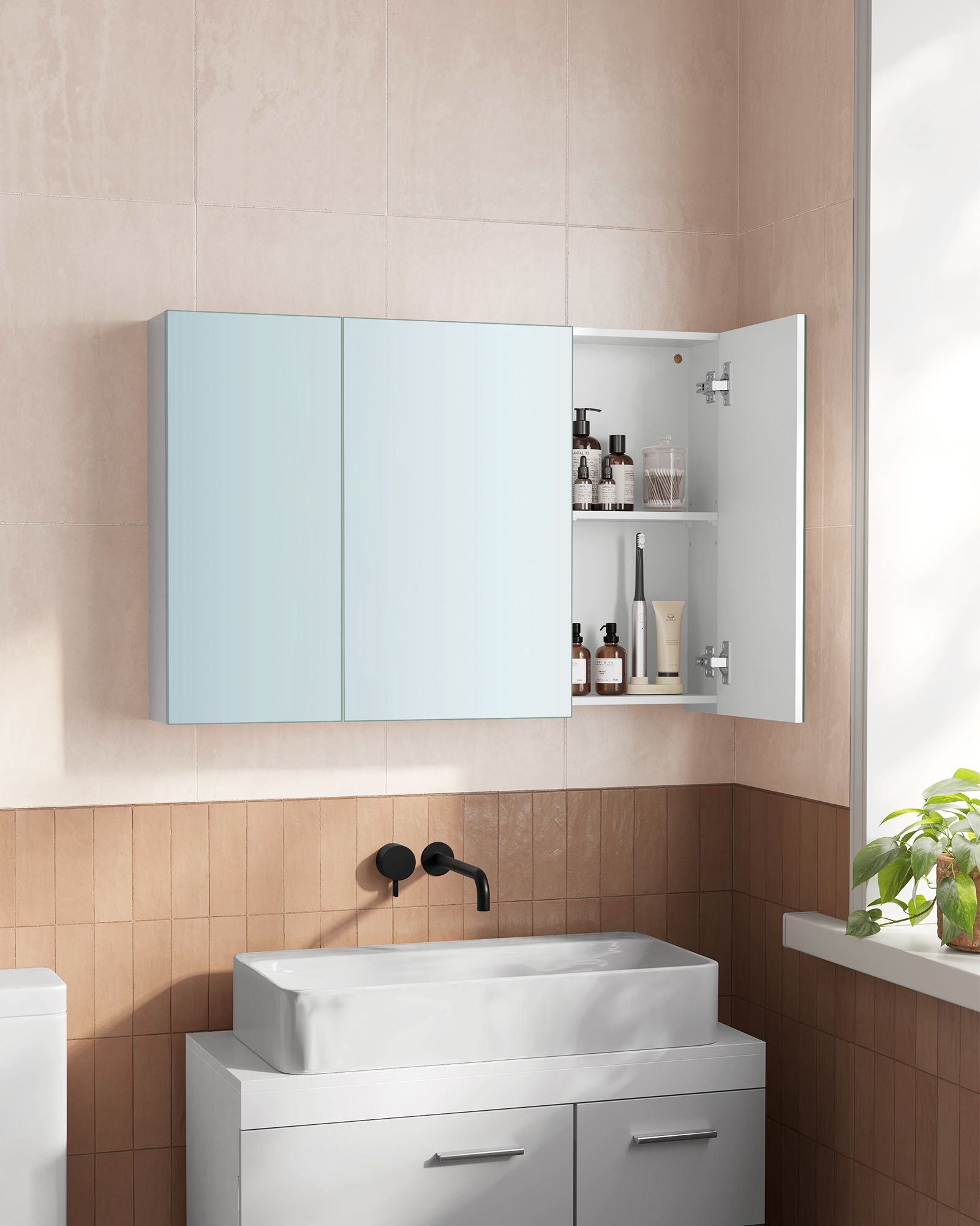 Wall Cabinet – MDF – White – 3-Door with Mirror and Adjustable Shelf