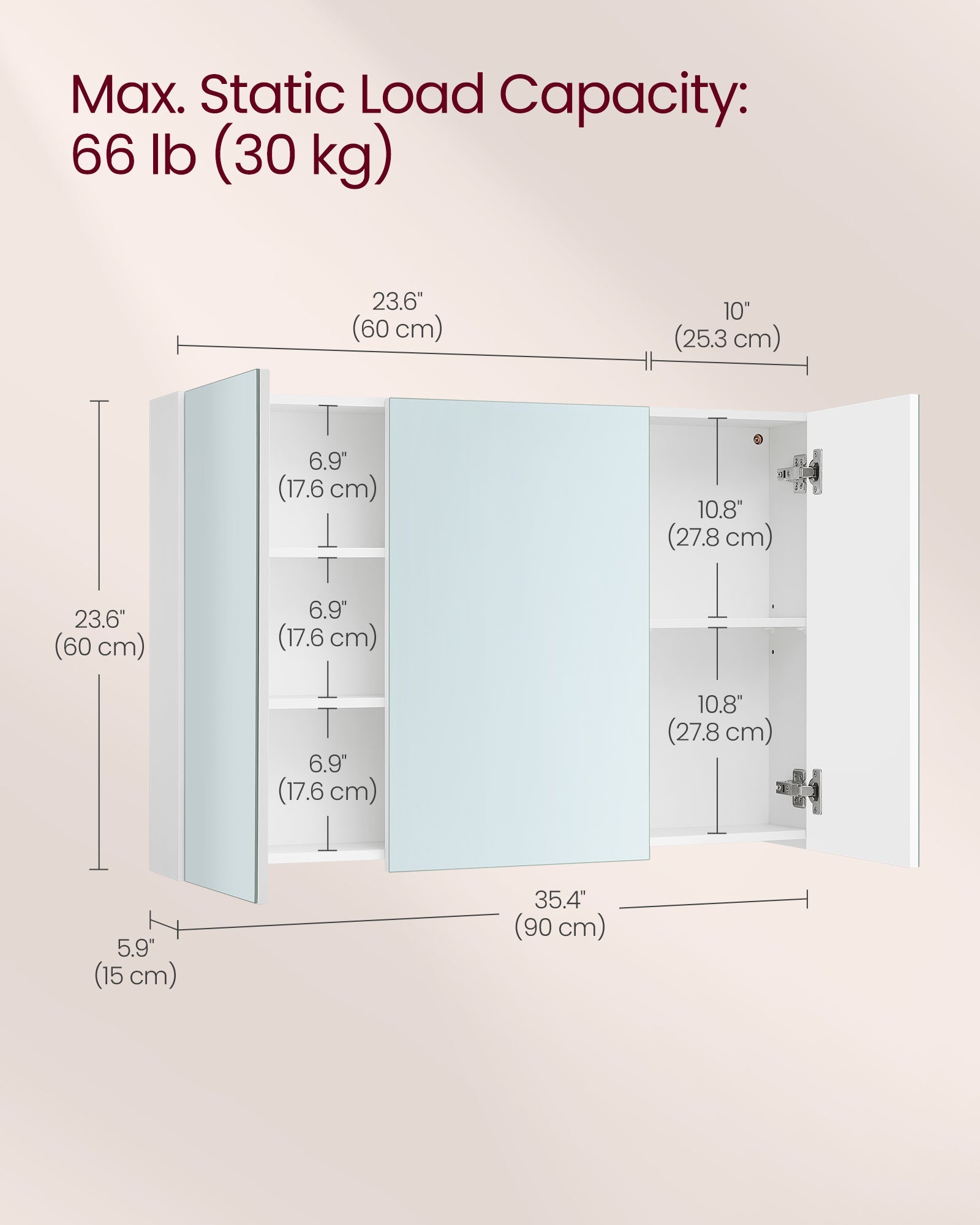 Wall Cabinet – MDF – White – 3-Door with Mirror and Adjustable Shelf