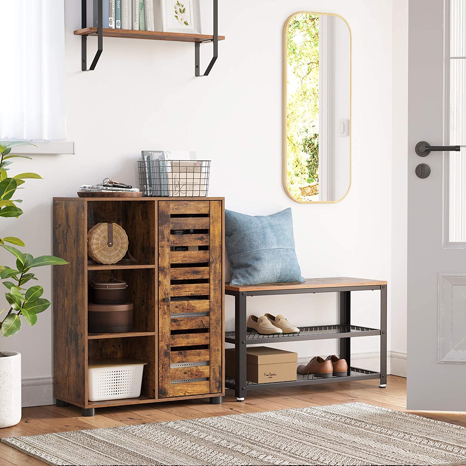 Floor Standing Cabinet – Wood – Rustic Brown – 3 Compartments and 2 Adjustable Shelves