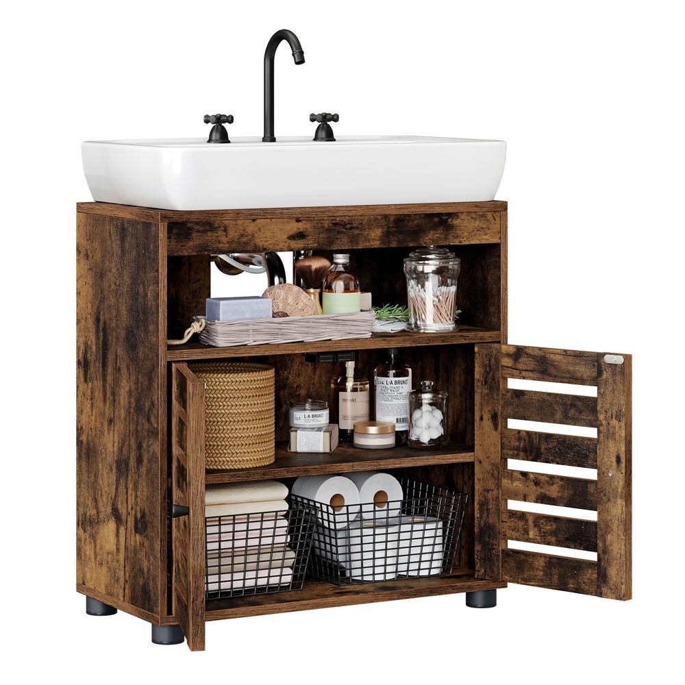 Under Sink Cabinet – Engineered Wood – Rustic Brown – with 2 Louvered Doors and Adjustable Shelf