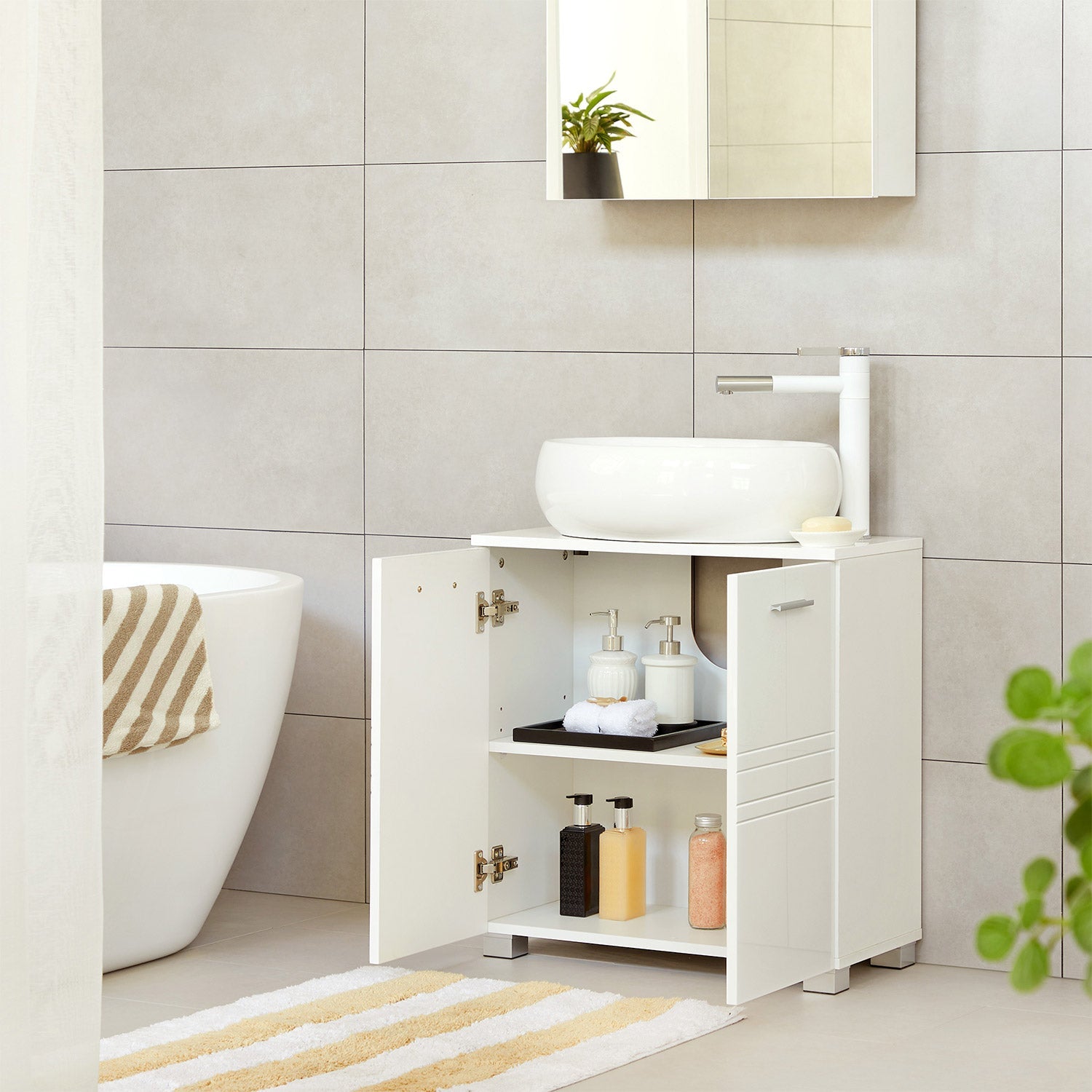 Under Sink Storage Cabinet – MDF – White – Adjustable Shelf and Two Doors