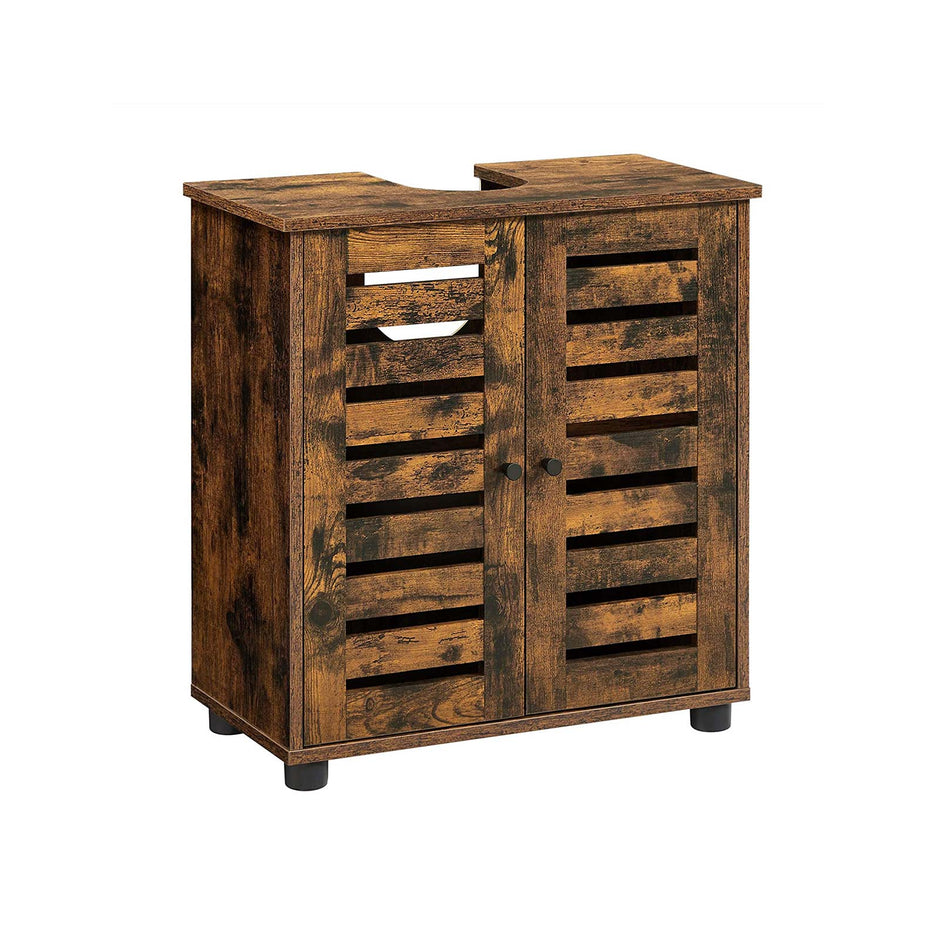 Under Sink Bathroom Cabinet – Wood – Rustic Brown – Adjustable Shelf and 2 Louvred Doors