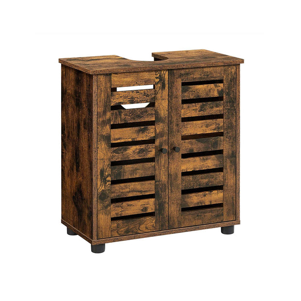 Under Sink Bathroom Cabinet – Wood – Rustic Brown – Adjustable Shelf and 2 Louvred Doors