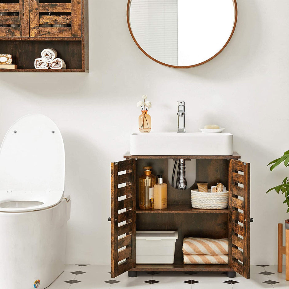 Under Sink Bathroom Cabinet – Wood – Rustic Brown – Adjustable Shelf and 2 Louvred Doors