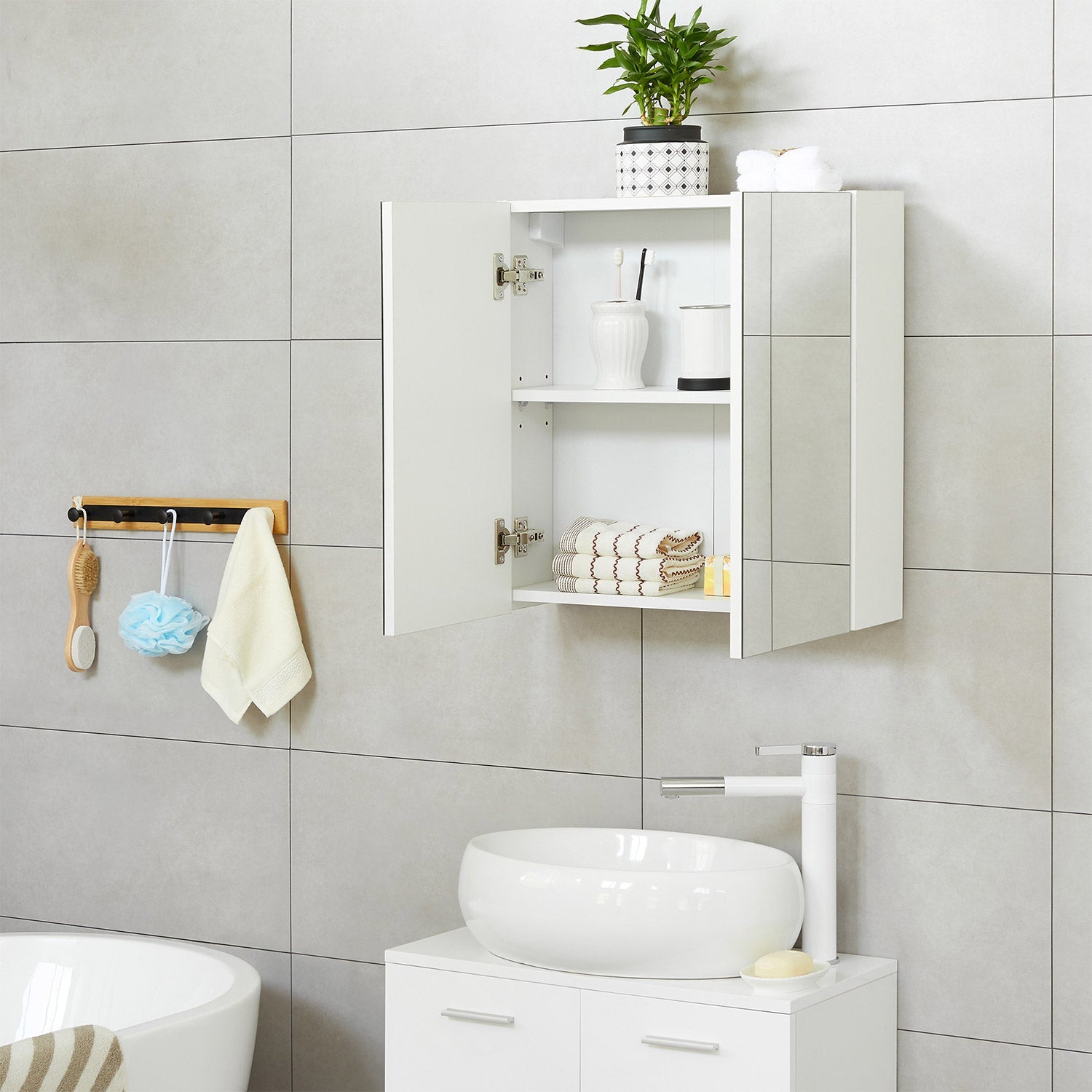 Wall-Mounted Bathroom Cabinet – Wood – White – Adjustable Shelf with Mirror and Dual Doors