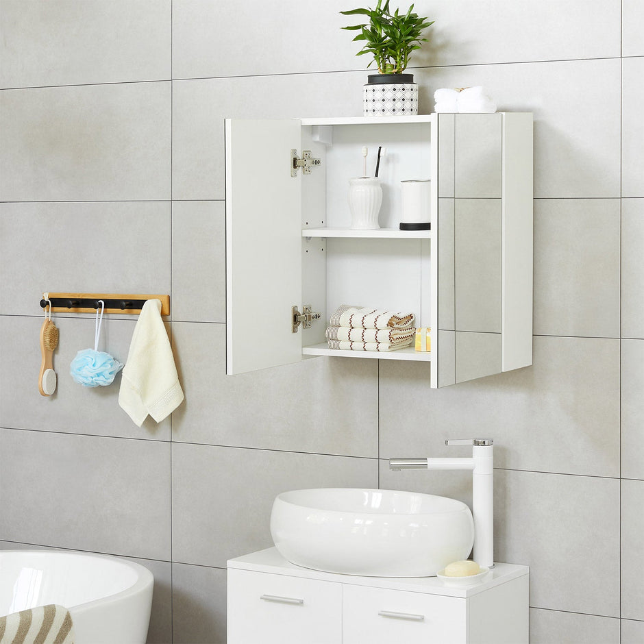 Wall-Mounted Bathroom Cabinet – Wood – White – Adjustable Shelf with Mirror and Dual Doors