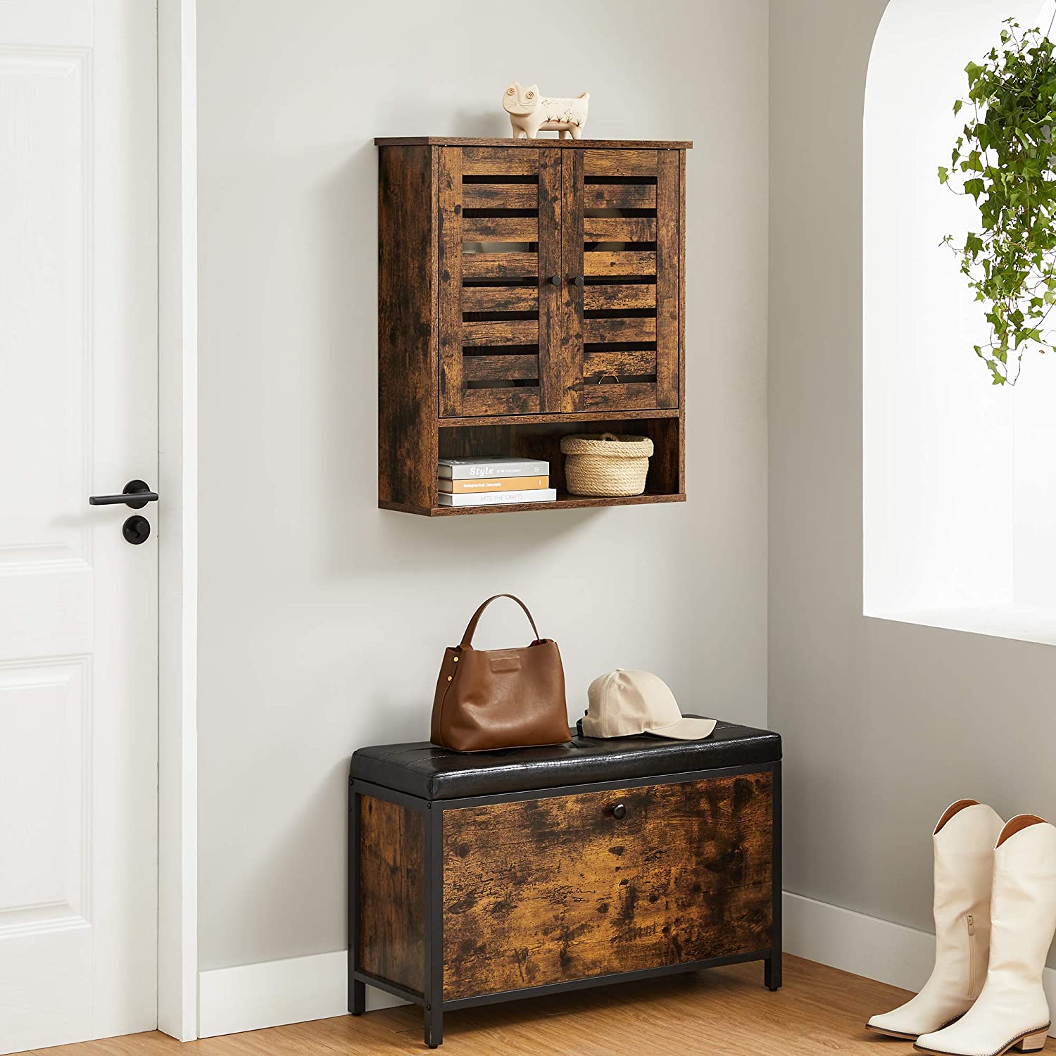 Wall-Mounted Storage Cabinet – Wood – Rustic Brown – Adjustable Shelf and Double Shutter Doors