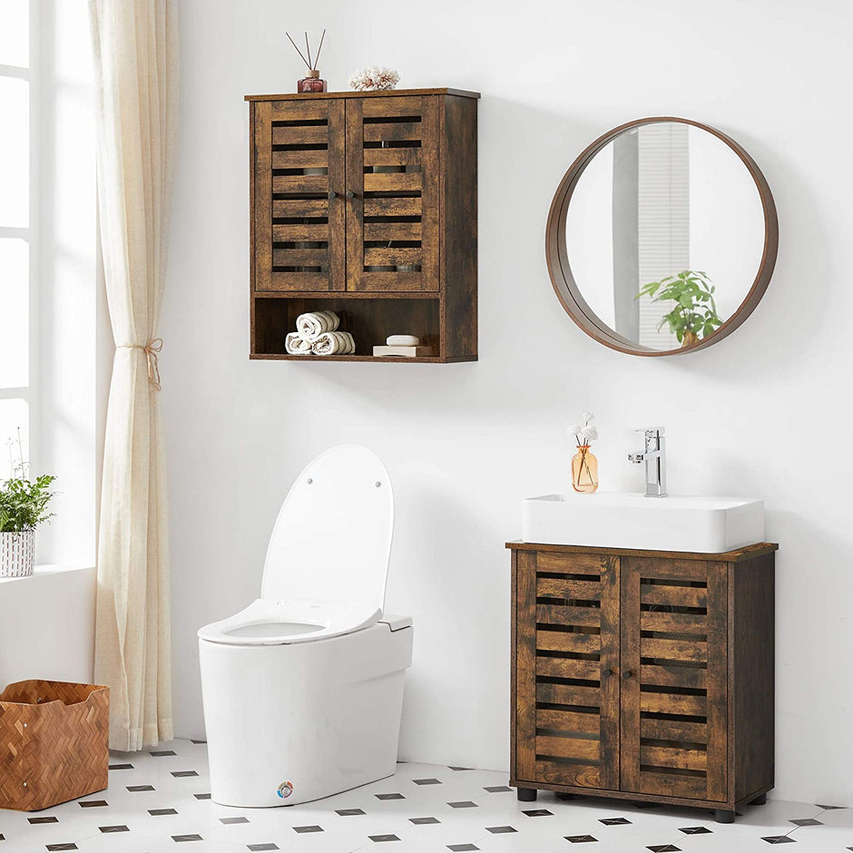 Wall-Mounted Storage Cabinet – Wood – Rustic Brown – Adjustable Shelf and Double Shutter Doors