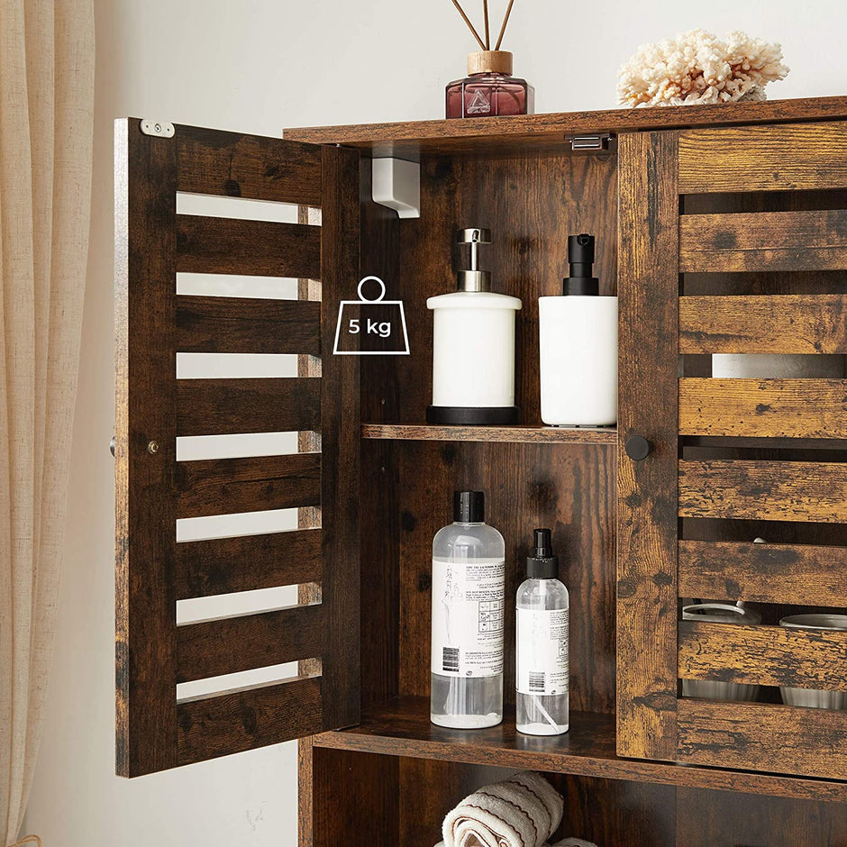 Wall-Mounted Storage Cabinet – Wood – Rustic Brown – Adjustable Shelf and Double Shutter Doors