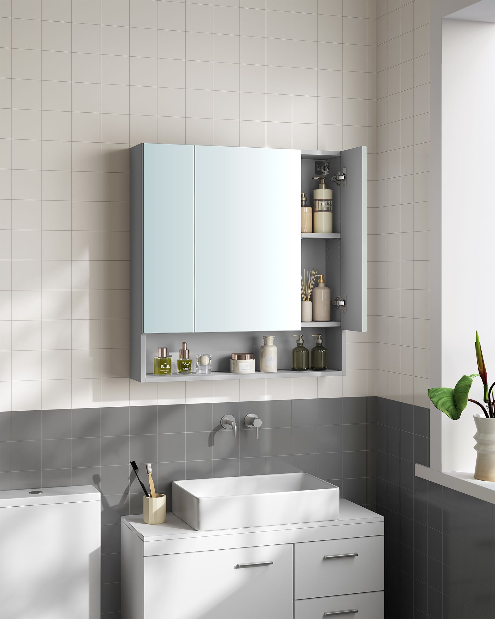 Bathroom Mirror Cabinet – MDF – Dove Grey – Wall-Mounted with Adjustable Shelves