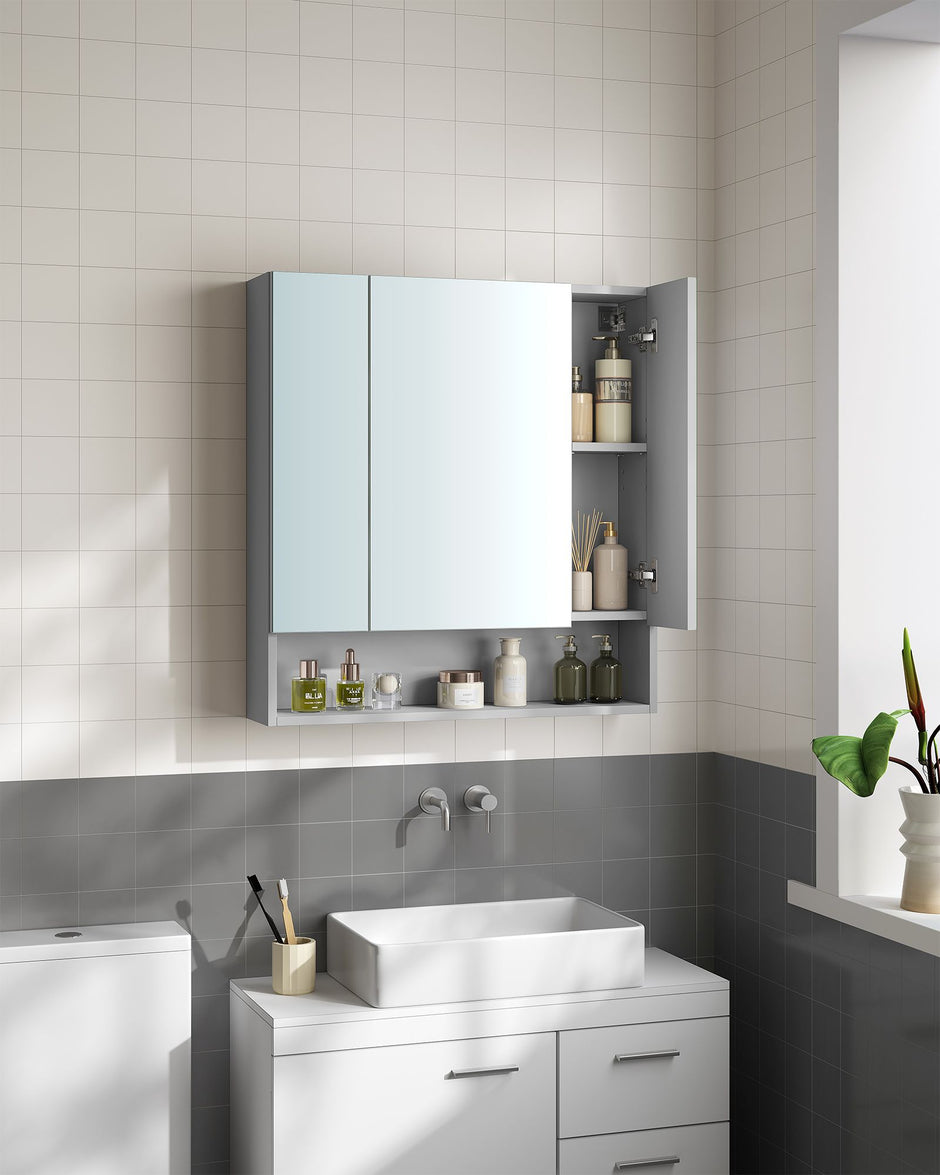 Bathroom Mirror Cabinet – MDF – Dove Grey – Wall-Mounted with Adjustable Shelves
