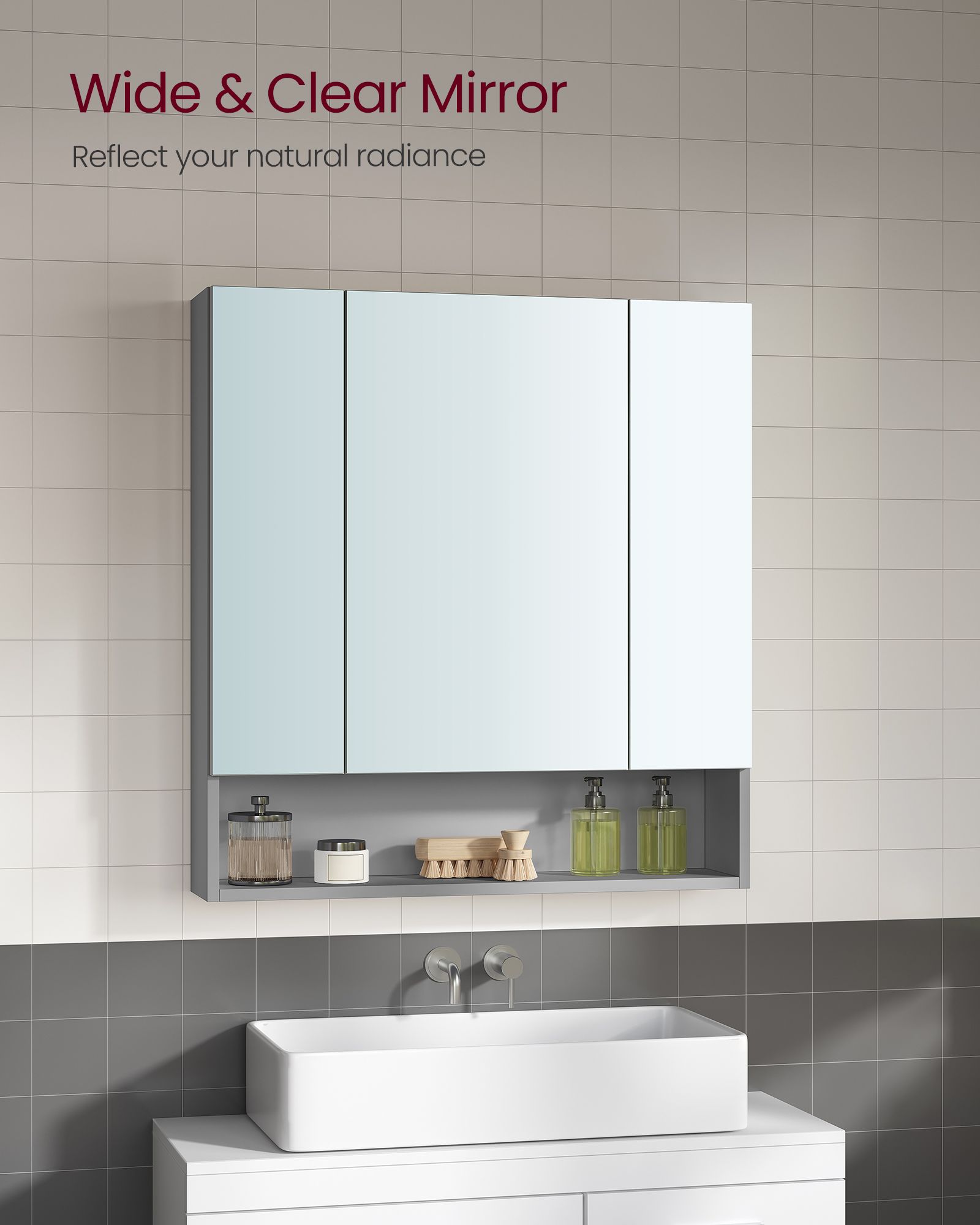 Bathroom Mirror Cabinet – MDF – Dove Grey – Wall-Mounted with Adjustable Shelves