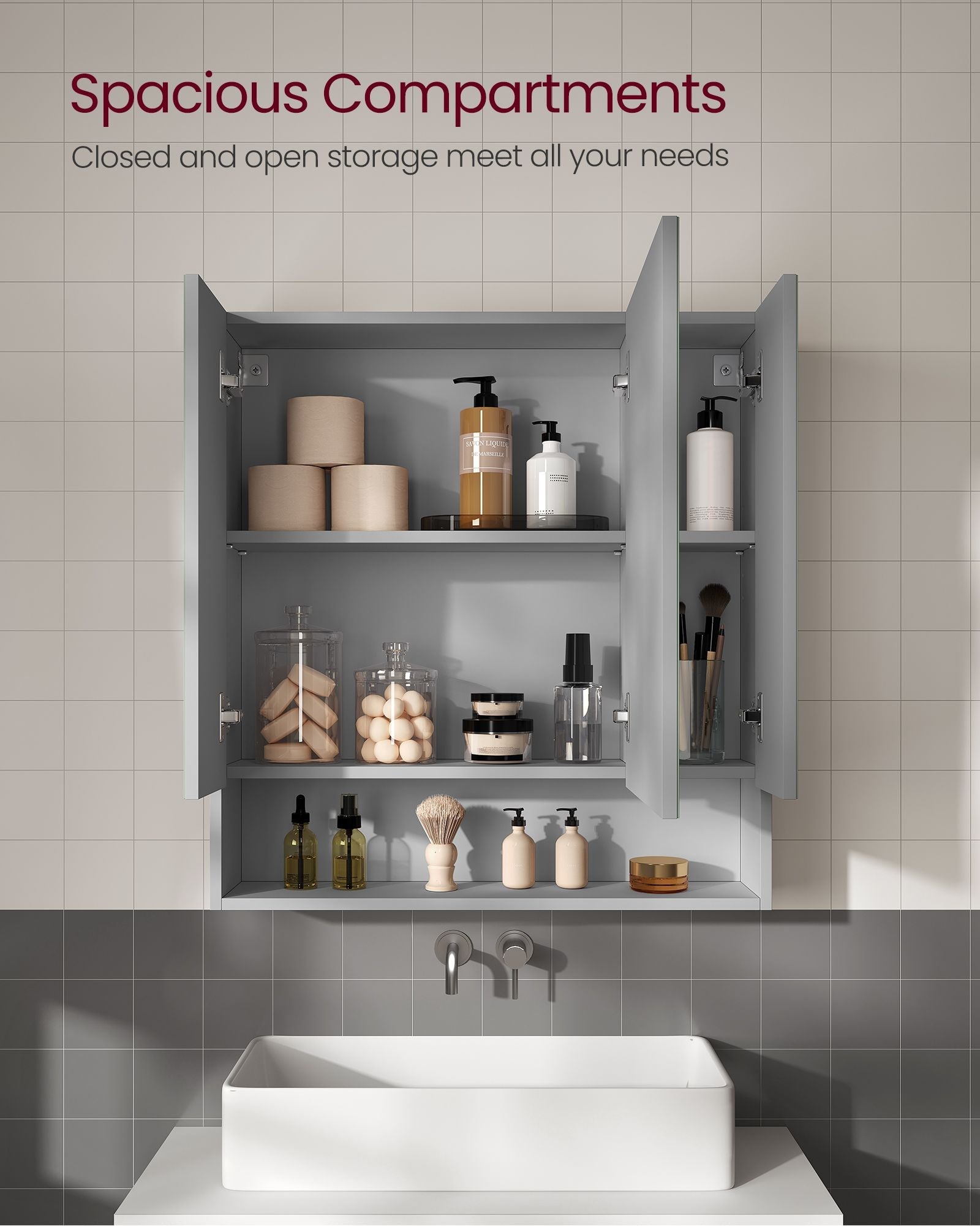 Bathroom Mirror Cabinet – MDF – Dove Grey – Wall-Mounted with Adjustable Shelves