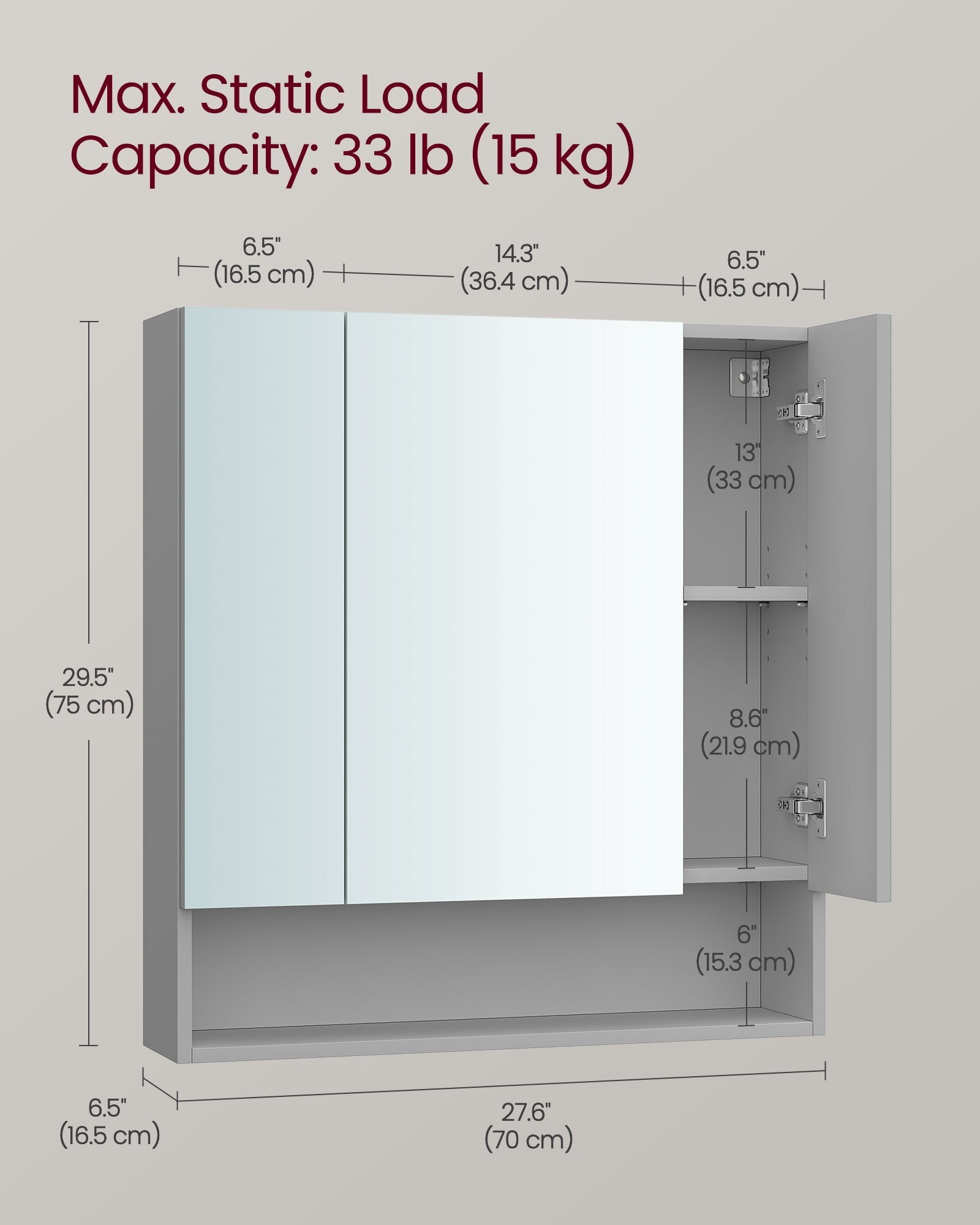 Bathroom Mirror Cabinet – MDF – Dove Grey – Wall-Mounted with Adjustable Shelves