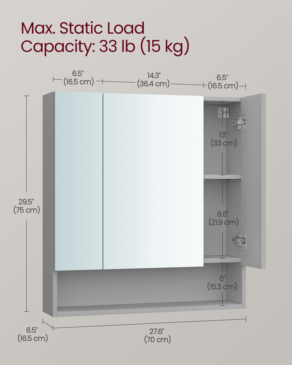 Bathroom Mirror Cabinet – MDF – Dove Grey – Wall-Mounted with Adjustable Shelves