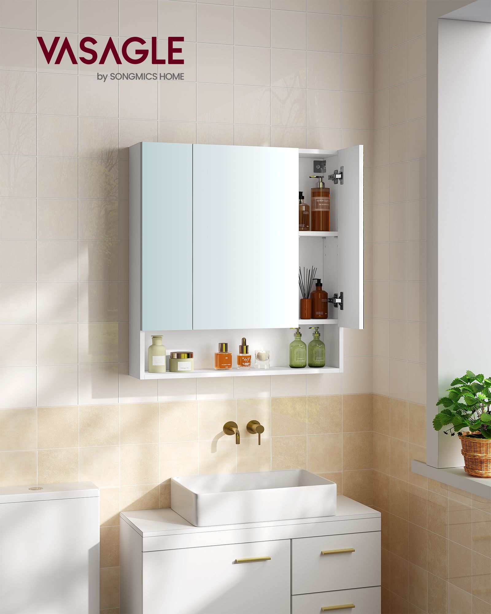 Bathroom Mirror Cabinet – Wood – Cloud White – Adjustable Shelves with Open Compartment
