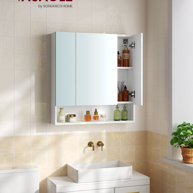 Bathroom Mirror Cabinet – Wood – Cloud White – Adjustable Shelves with Open Compartment