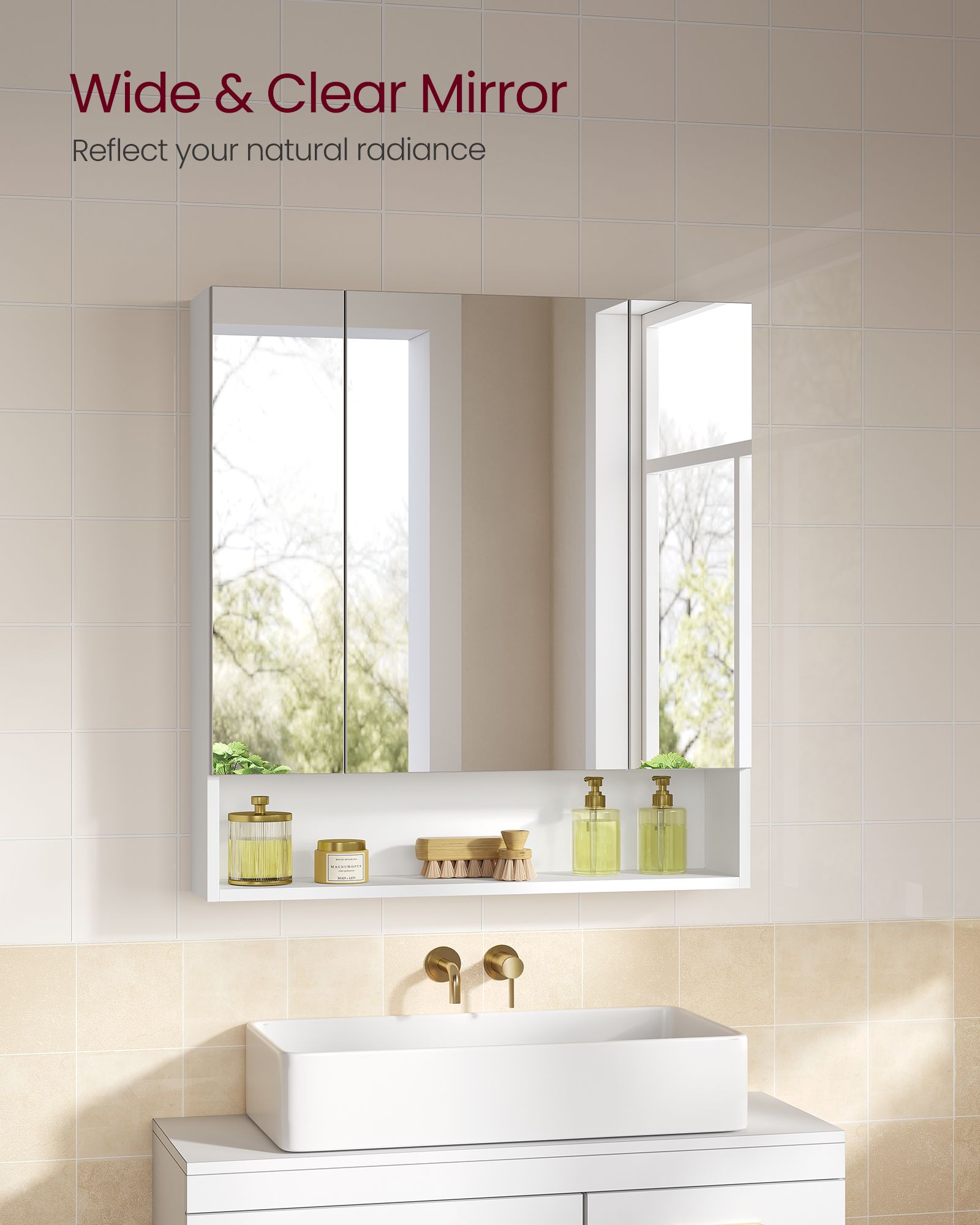 Bathroom Mirror Cabinet – Wood – Cloud White – Adjustable Shelves with Open Compartment