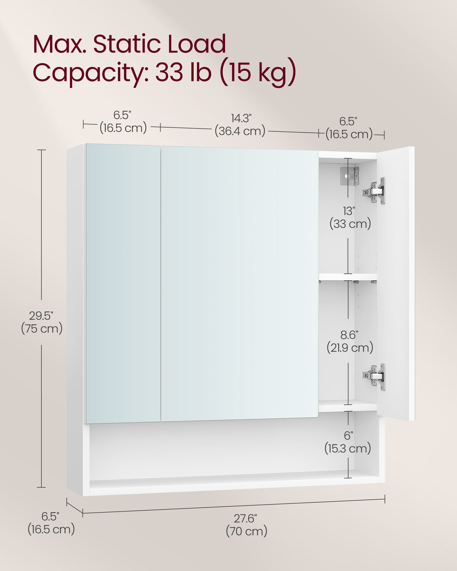 Bathroom Mirror Cabinet – Wood – Cloud White – Adjustable Shelves with Open Compartment