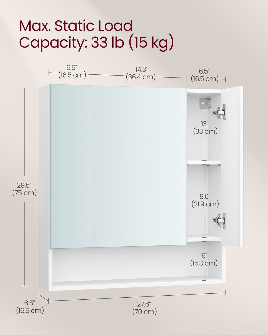 Bathroom Mirror Cabinet – Wood – Cloud White – Adjustable Shelves with Open Compartment