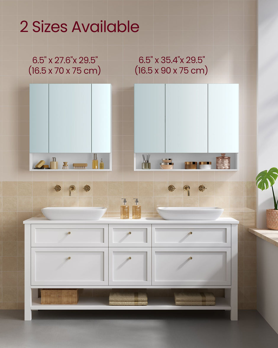 Bathroom Mirror Cabinet – Wood – Cloud White – Adjustable Shelves with Open Compartment